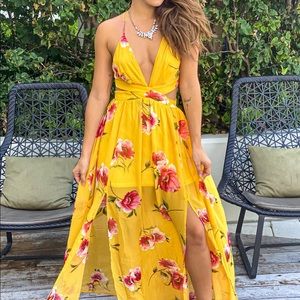Yellow Floral Maxi Dress with Cut Outs